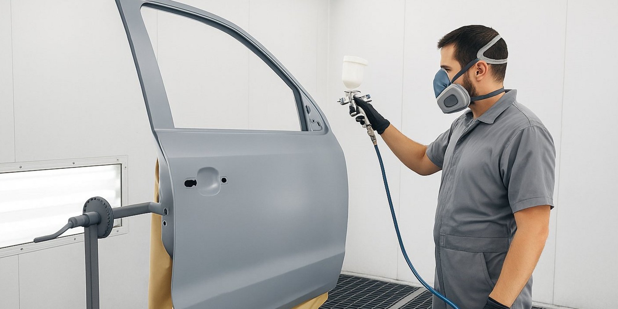 Lackierer mit Atemschutzmaske sprüht Farbe auf eine Autotür in einer Lackierkabine.