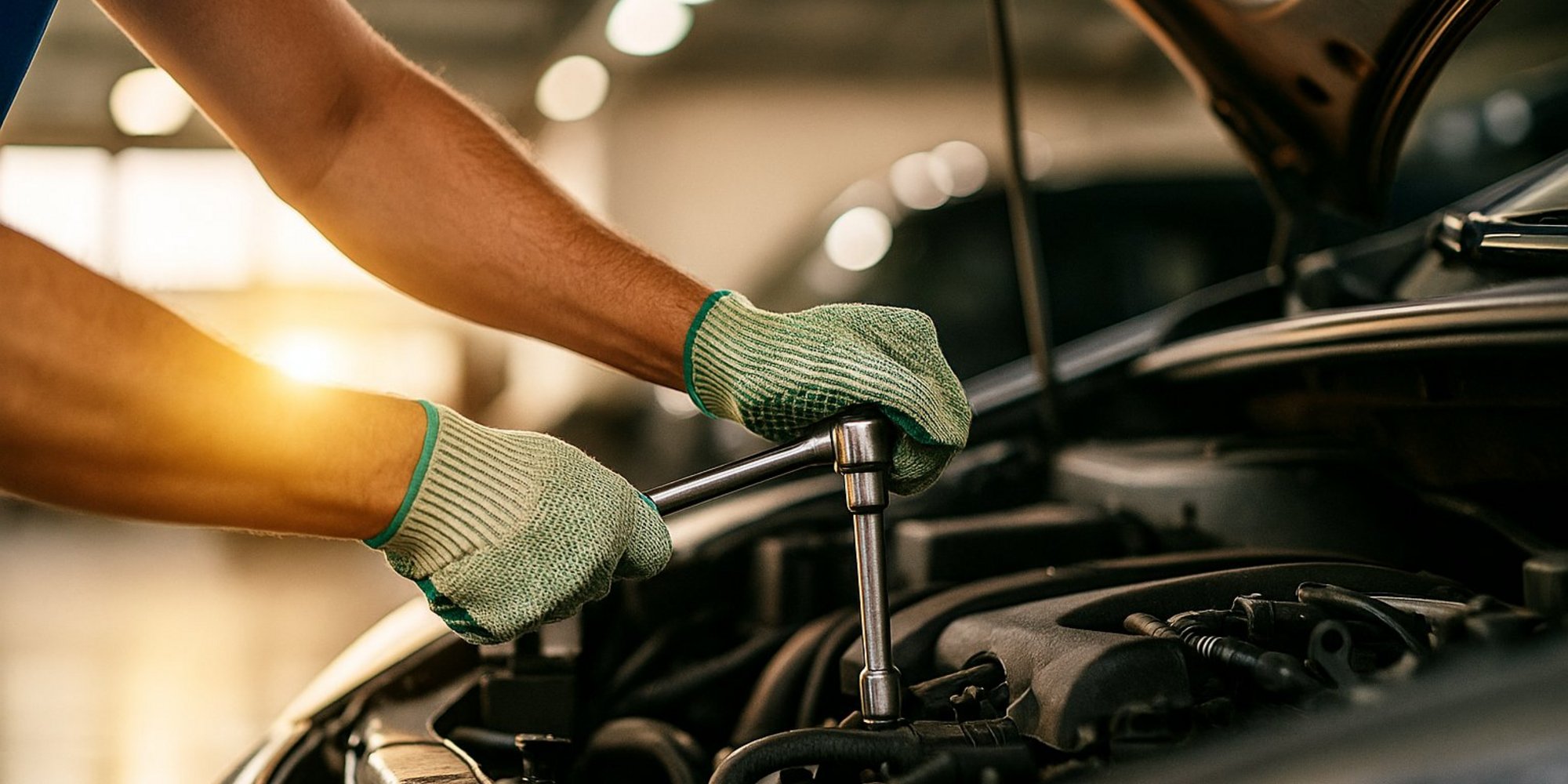 Eine Person mit Arbeitshandschuhen benutzt einen Drehmomentschlüssel, um an einem Motor in einer Werkstatt zu arbeiten.