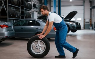 Mechaniker in blauer Latzhose rollt ein Autoreifen durch eine Werkstatt.